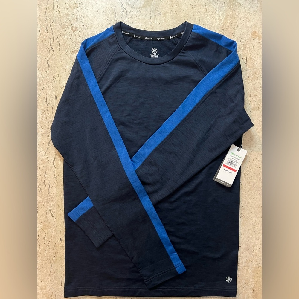 Gaiam Navy Heather Classic Blue Fleece Lined Mens Yoga Shirt Small